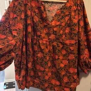 Sonoma Floral V-Neck Blouse - Red and Orange